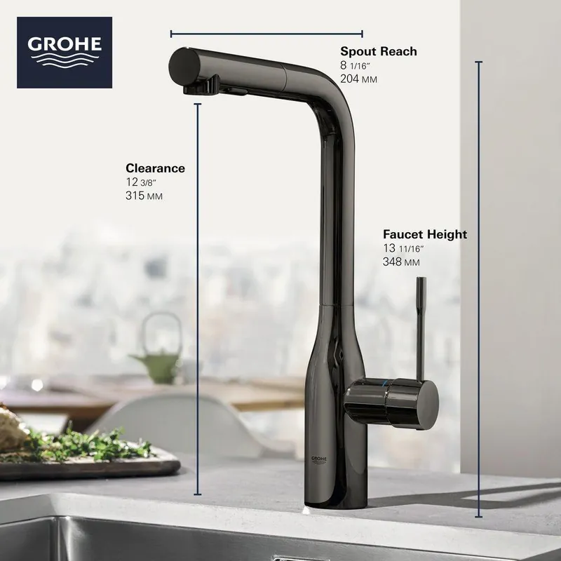 GROHE 30271A00 Essence New Single Handle Pull Out Kitchen Faucet in Hard Graphite