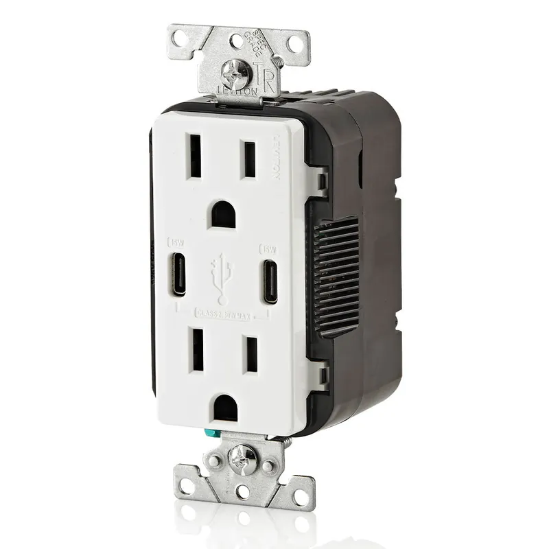 Leviton T5637-W 30W USB Dual Type-C/C Wall Outlet Charger with 15A Tamper-Resistant Outlet