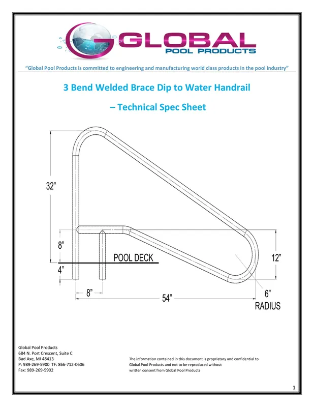 GLOBAL POOL PRODUCTS GPP-RL-C65-4BND-WB-SV Classic 4 Bend Pool Handrail