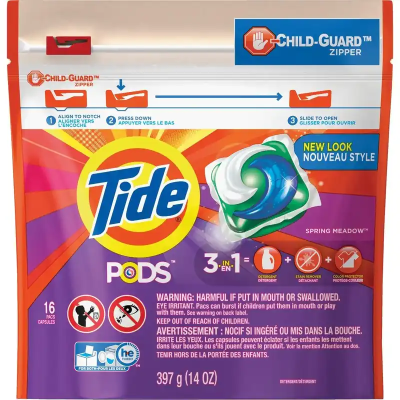Tide 93120 Tide Pods Spring Meadow Child-Guard Zipper Laundry Detergent 16-Count