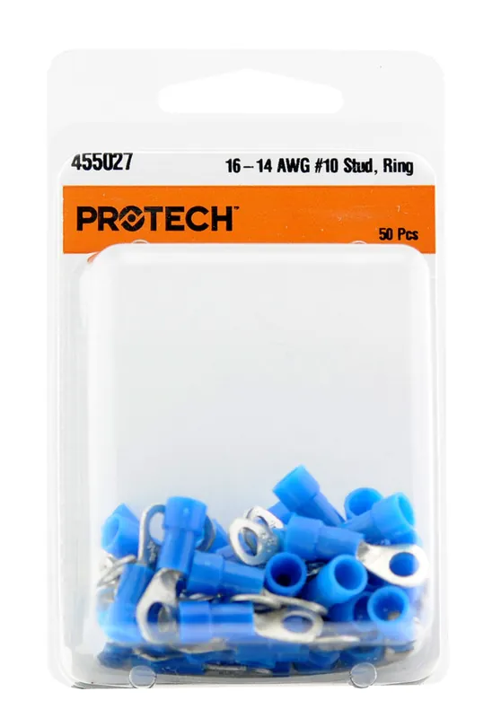 RHEEM 455027 Insulated Ring Terminal, #10 Stud, 16-14 AWG, Blue (Pack of 50)