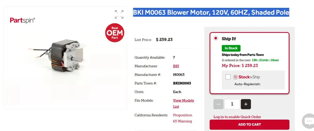 BKI M0063 Blower Motor 120V Shaded Pole