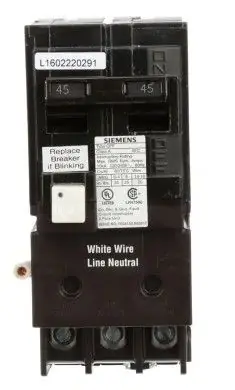 Siemens QF245A 2-Pole 45A 120/240 VAC Ground Fault Circuit Interrupter (GFCI) Breaker, Plug-On, 10kA, 5mA