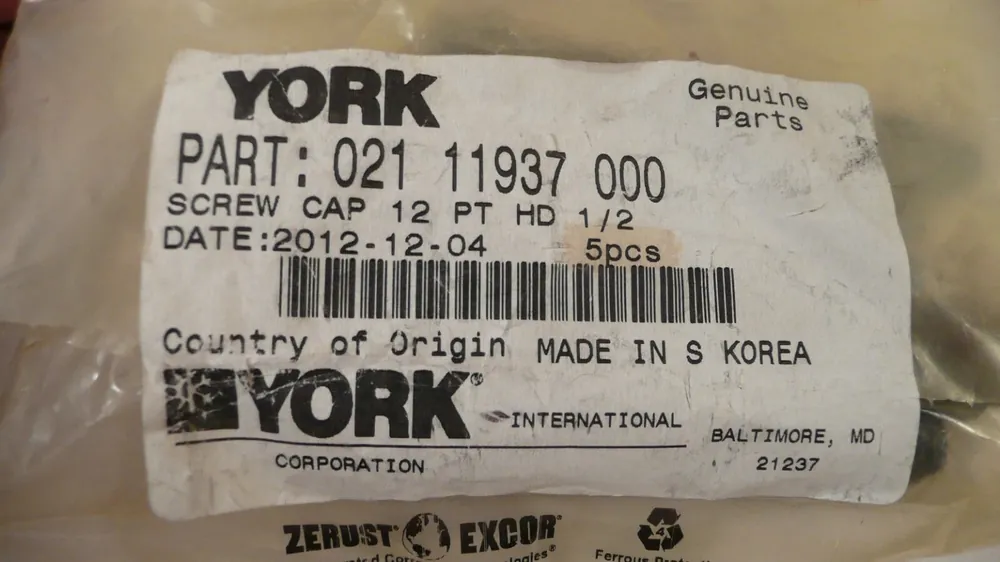 YORK 021-11937-000 Screw Cap 12 Pt Hd 1/2