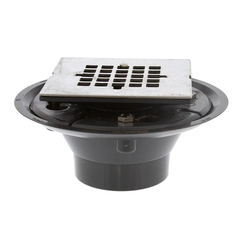 Jones Stephens D50888 2 x 3 PVC Shower Drain with 2 in. PVC Spud and 4 in. Square Stainless Steel Snap-In Strainer