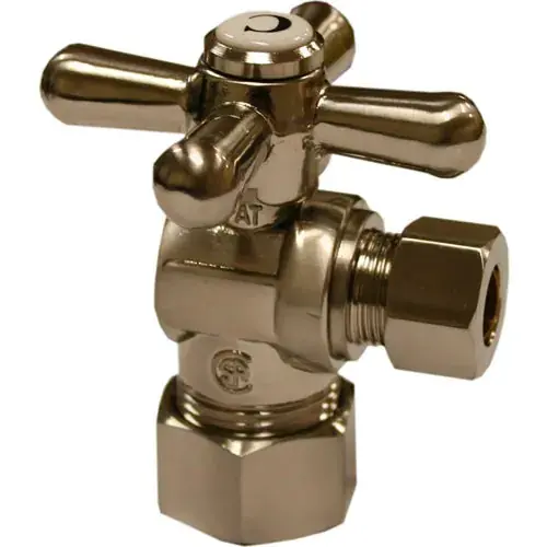 Jones Stephens S4203BN 1/4 Turn Straight Stop Valve w/ Cross Handle, Brass Nickel, 1/2 FIP x 3/8 OD Comp