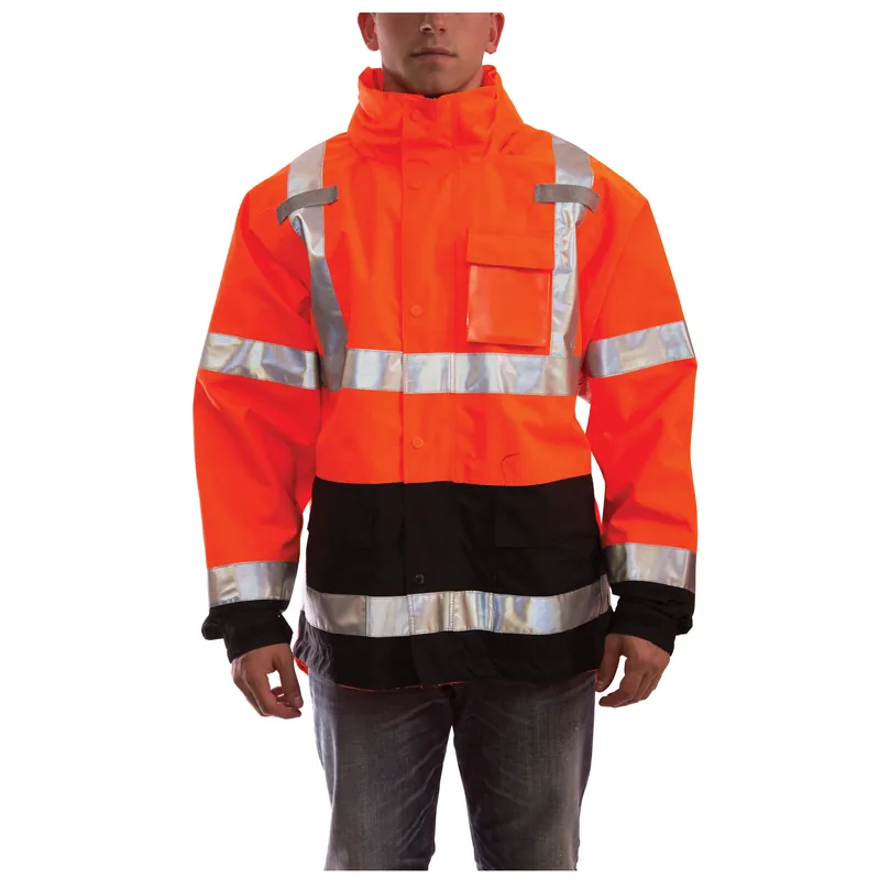 Tingley J24129.3X Rain Jacket, Unisex, 3XL, Black/Fluorescent Orange/Red, Polyurethane on 300D Polyester