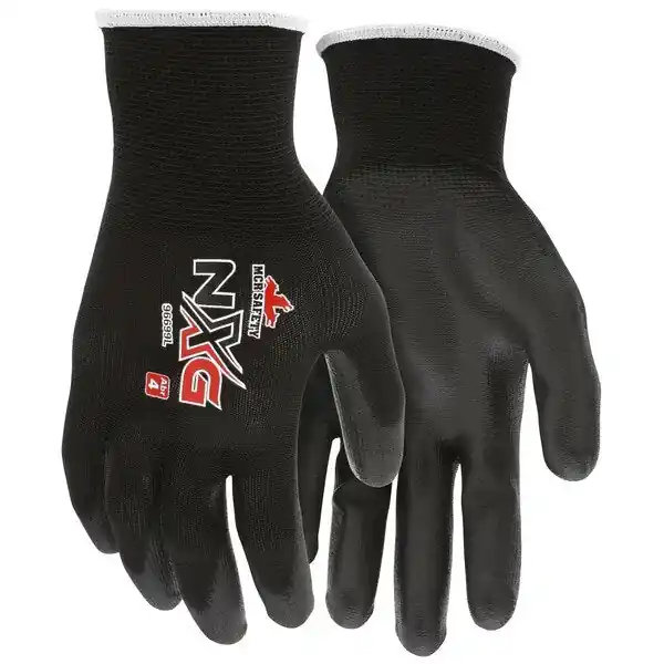 MCR Safety 96699L Economy Grade General Purpose Gloves With White Logo, Coated, Seamless/Standard Finger Style, L, Polyurethane Palm, 13 ga Polyester, Black
